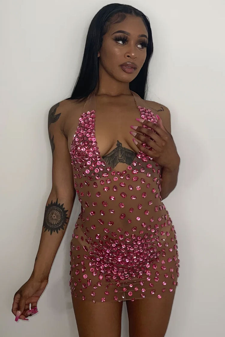 Chic Halter Neck Backless Velvet Sheer Mesh Rhinestone Club Mini Dress - Rose