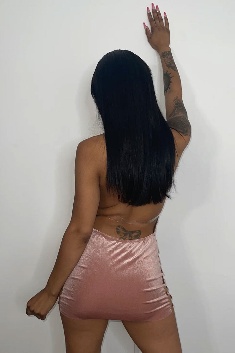 Chic Halter Neck Backless Velvet Sheer Mesh Rhinestone Club Mini Dress - Rose