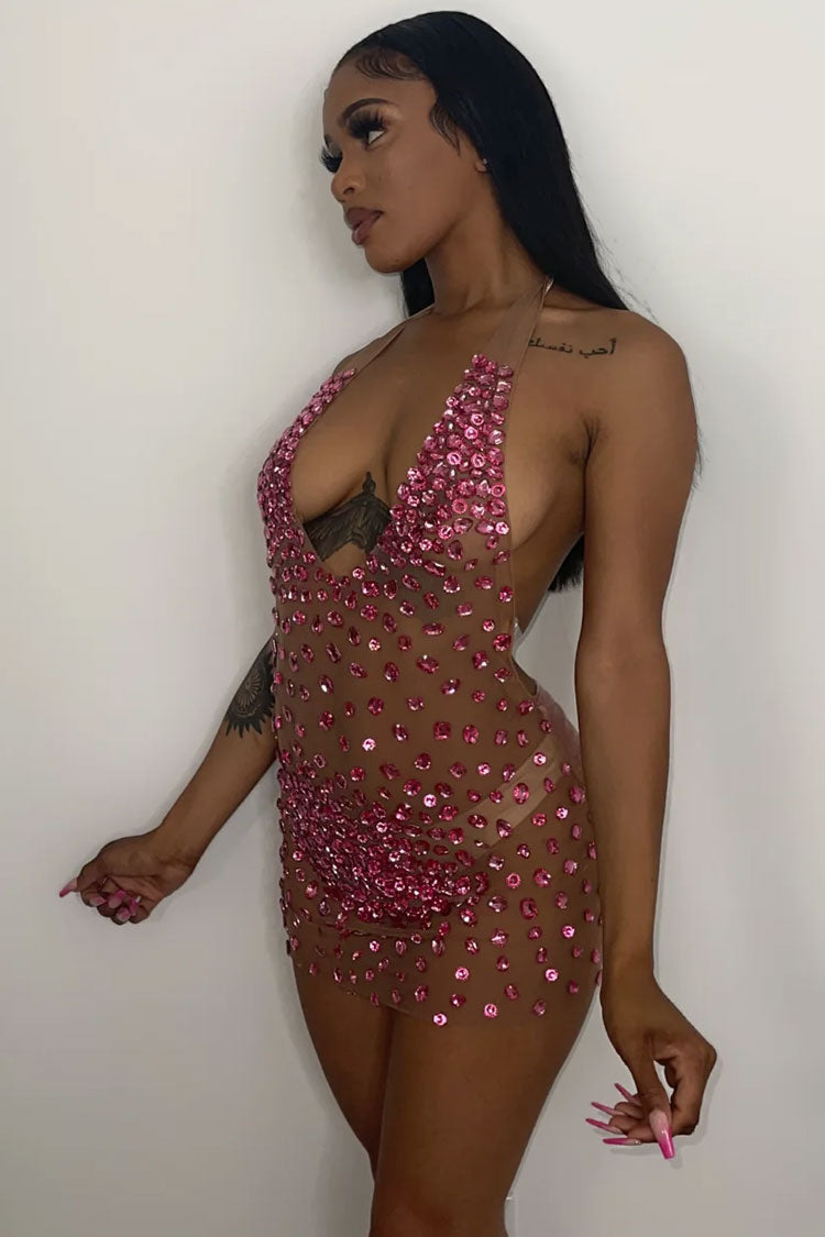 Chic Halter Neck Backless Velvet Sheer Mesh Rhinestone Club Mini Dress - Rose