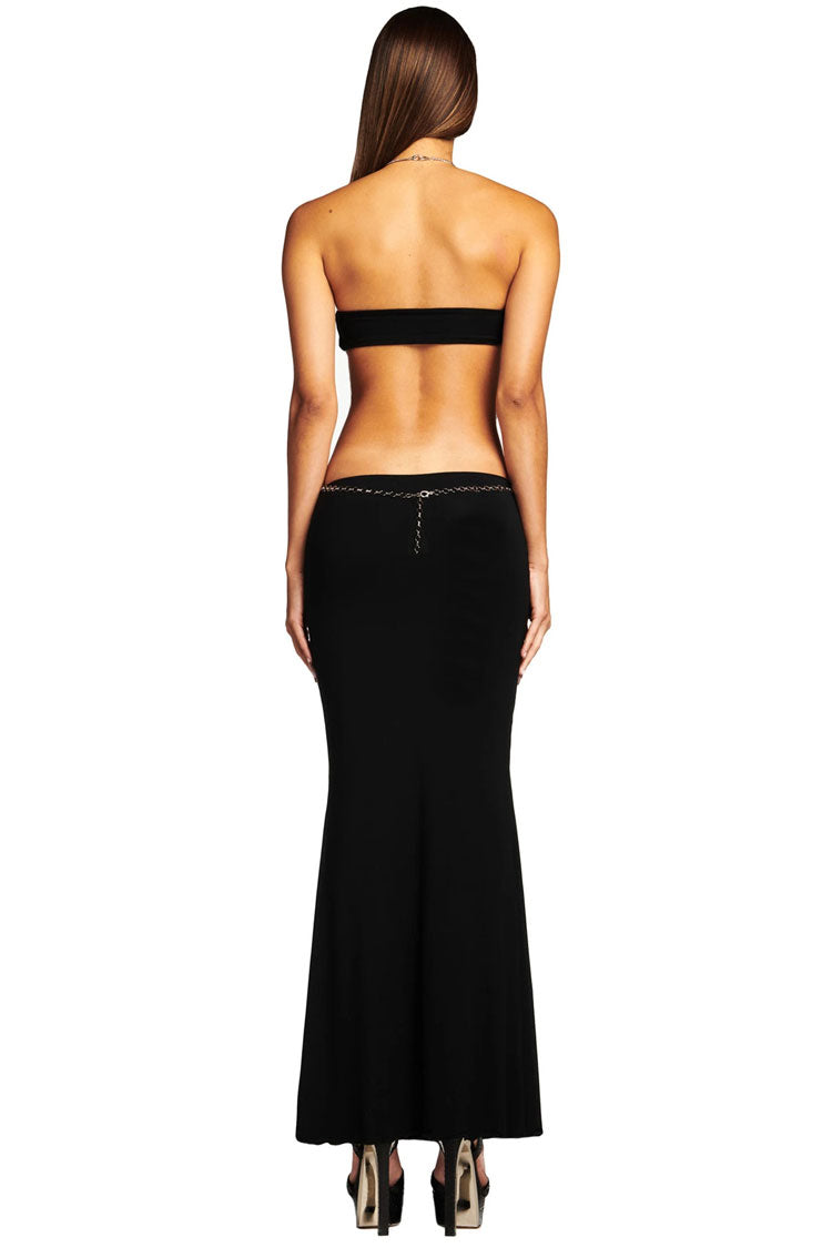Stylish Halter Neck Chain Trim Cutout Maxi Evening Dress - Black