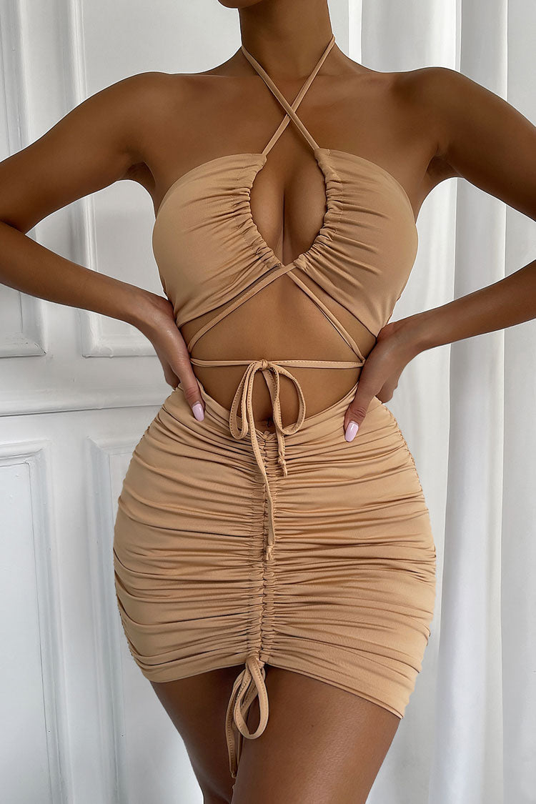 Chic Halter Neck Cutout Drawstring Tie Ruched Bodycon Party Mini Dress - Khaki