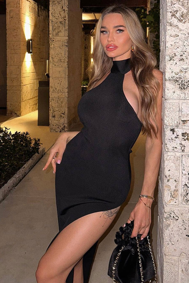 Glamorous Halter Neck Side Boob Bandage Thigh Split Evening Maxi Dress - Black