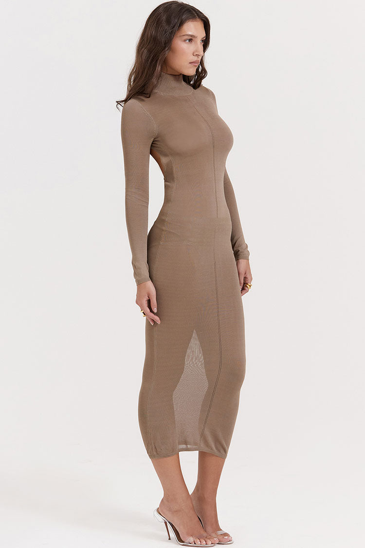 Chic High Neck Long Sleeve Cutout Back Fit Semi Sheer Sweater Midi Dress - Khaki