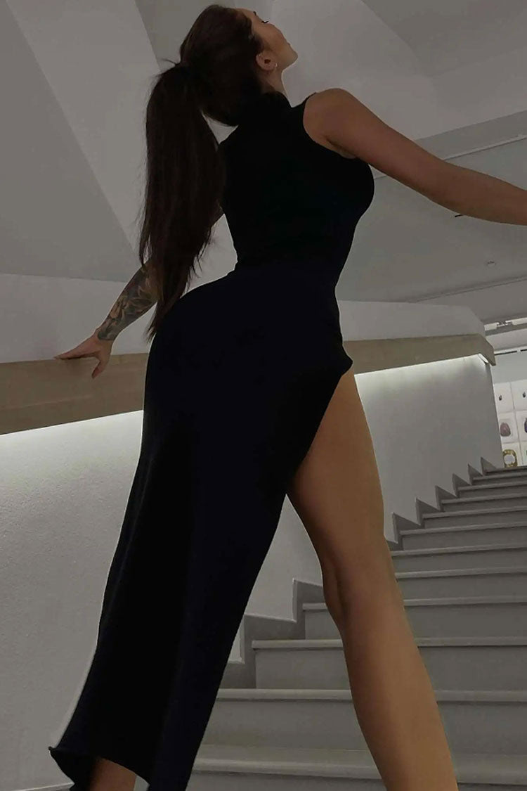 Chic High Neck Sleeveless Bodycon High Split Party Midi Dress - Black