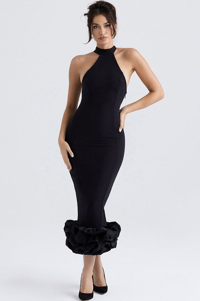 Chic High Neck Sleeveless Bodycon Ruffle Cocktail Party Midi Dress - Black