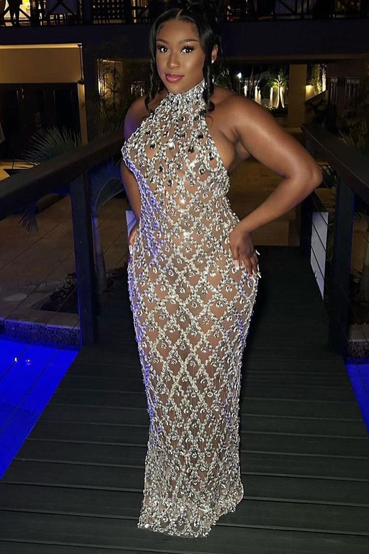 Stylish High Neck Sleeveless Sheer Mesh Rhinestone Sequin Evening Maxi Dress - Silver