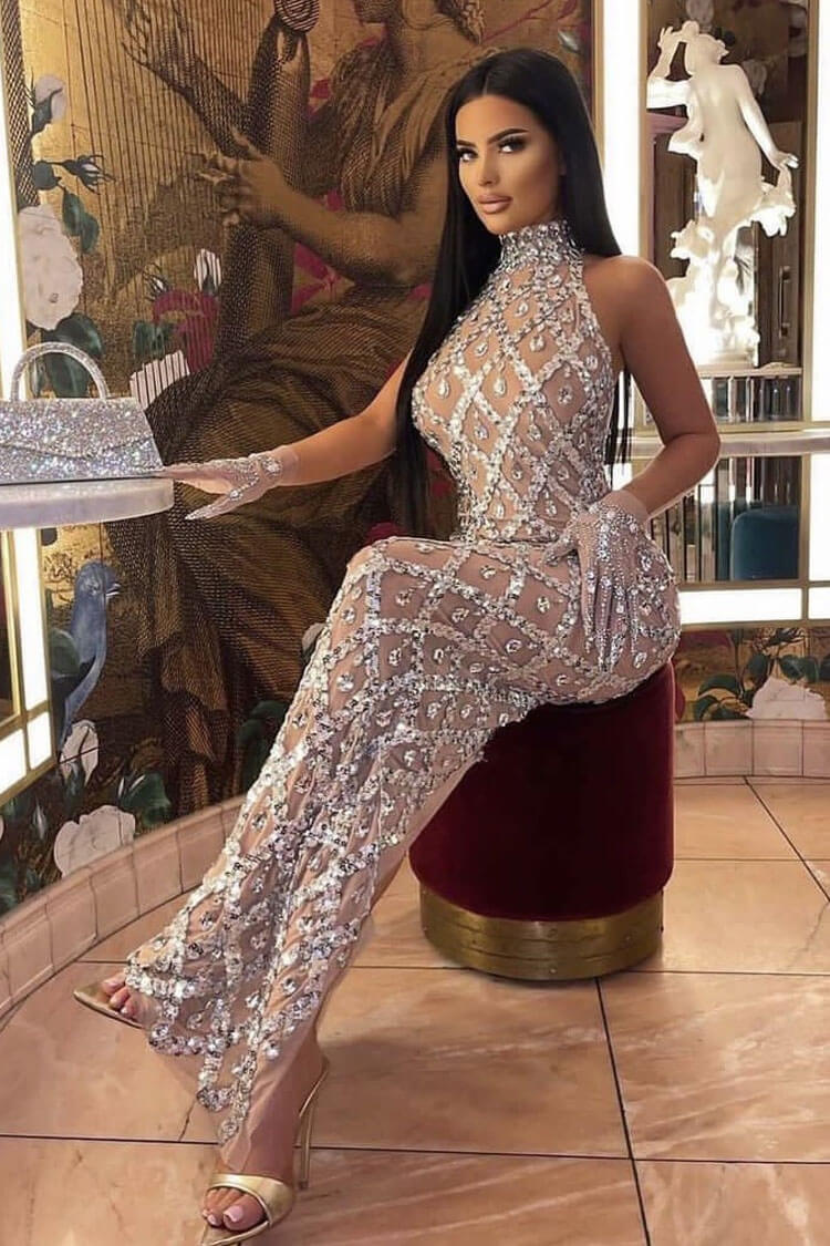 Stylish High Neck Sleeveless Sheer Mesh Rhinestone Sequin Evening Maxi Dress - Silver