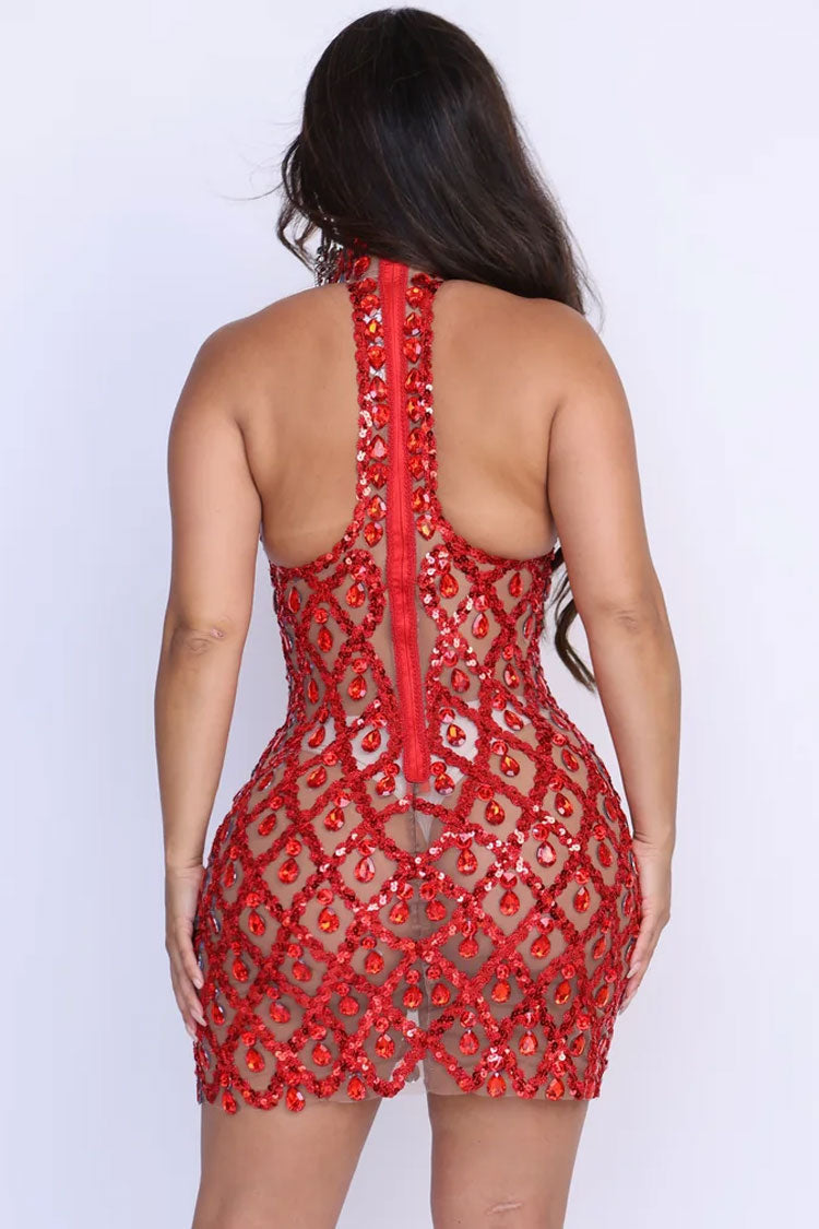 Attractive High Neck Sleeveless Sheer Mesh Rhinestone Sequin Party Mini Dress - Red