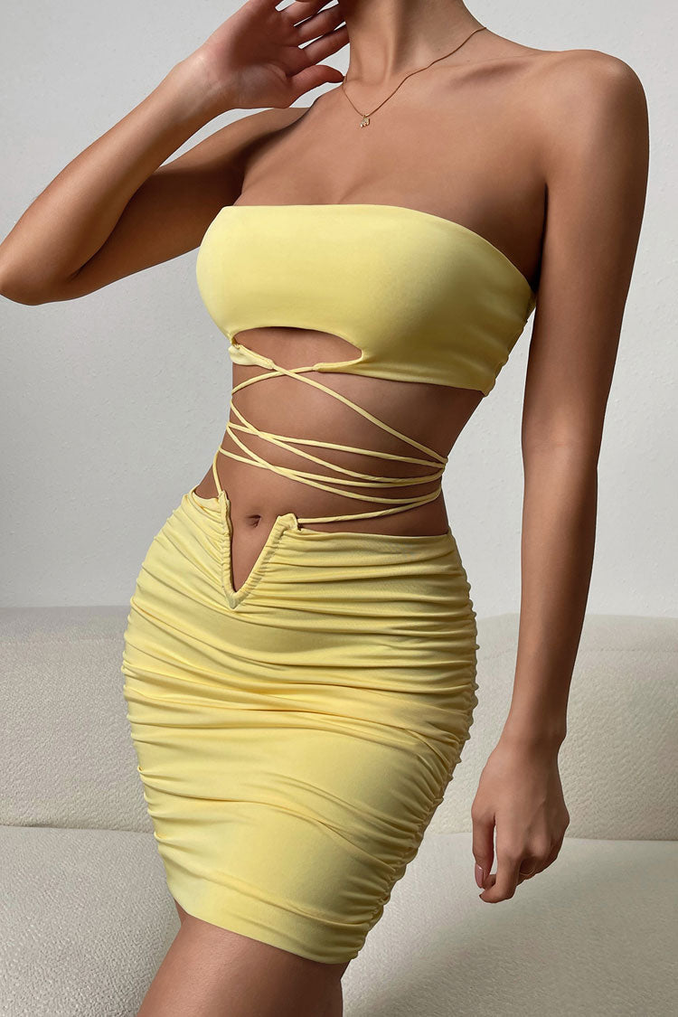Attractive Keyhole Tube Top Wrap V Cut High Waist Two Piece Club Mini Dress - Yellow