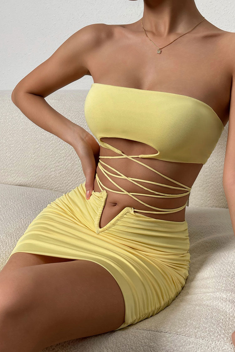 Attractive Keyhole Tube Top Wrap V Cut High Waist Two Piece Club Mini Dress - Yellow