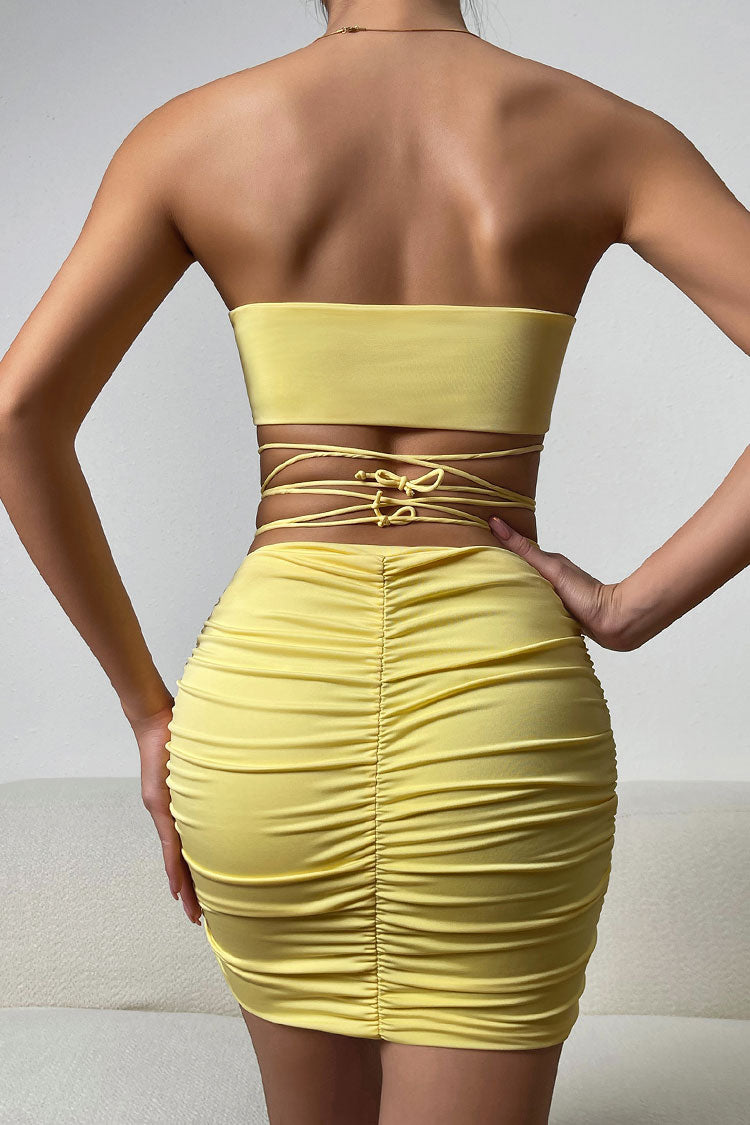 Attractive Keyhole Tube Top Wrap V Cut High Waist Two Piece Club Mini Dress - Yellow