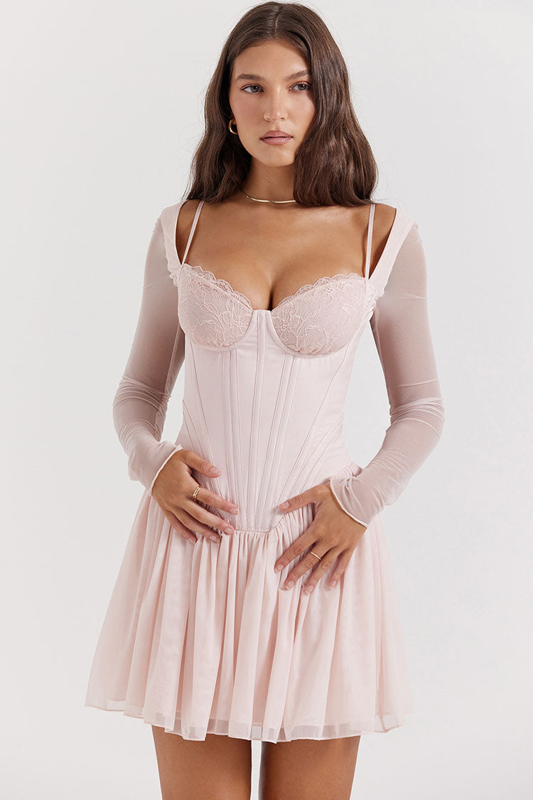 Alluring Lace Sweetheart Long Sleeve Drop Waist Corset Party Mini Dress - Pink