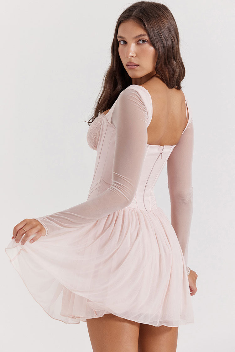 Alluring Lace Sweetheart Long Sleeve Drop Waist Corset Party Mini Dress - Pink