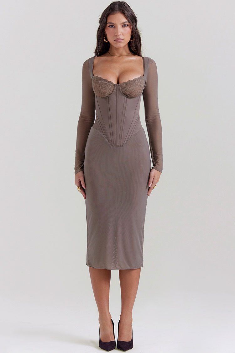 Chic Lace Sweetheart Mesh Bodycon Mesh Cocktail Midi Dress - Light Khaki