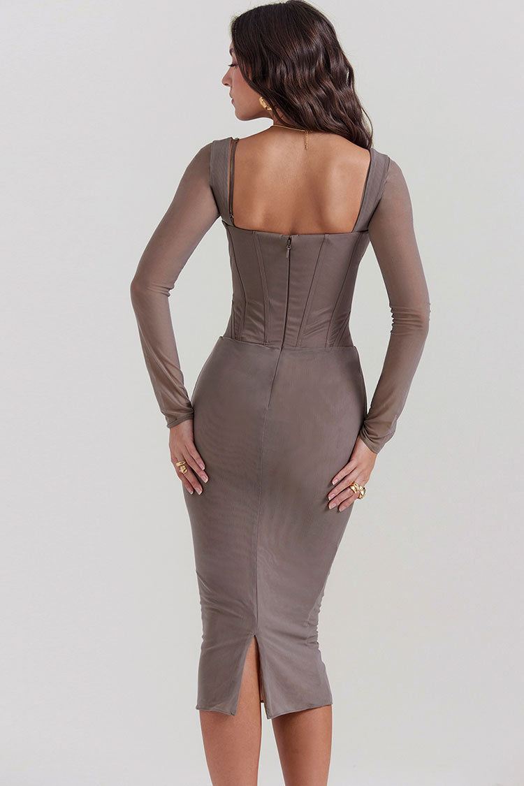 Chic Lace Sweetheart Mesh Bodycon Mesh Cocktail Midi Dress - Light Khaki