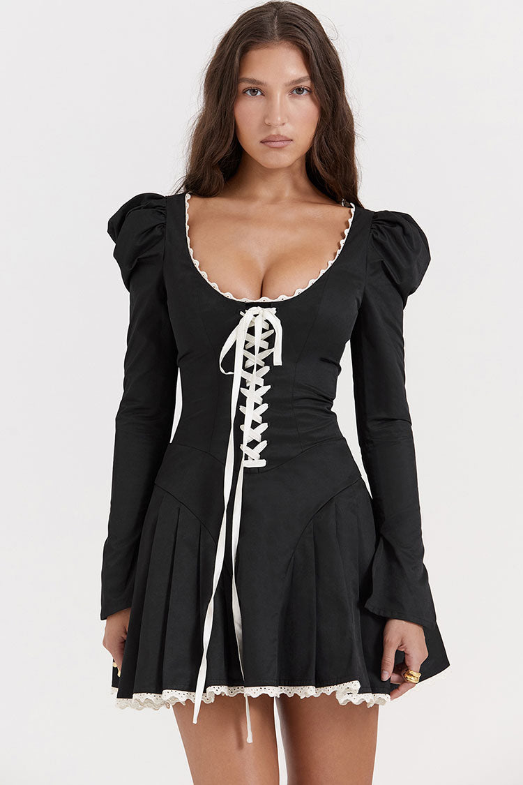 Alluring Lace Up Scoop Neck Puff Sleeve Ruffle Fit & Flare Party Mini Dress - Black