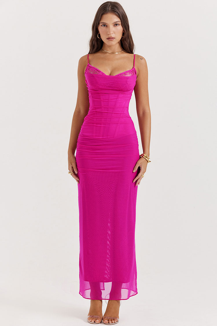 Glamorous Lace V Neck Mesh Ruched Corset Cami Evening Maxi Dress - Hot Pink
