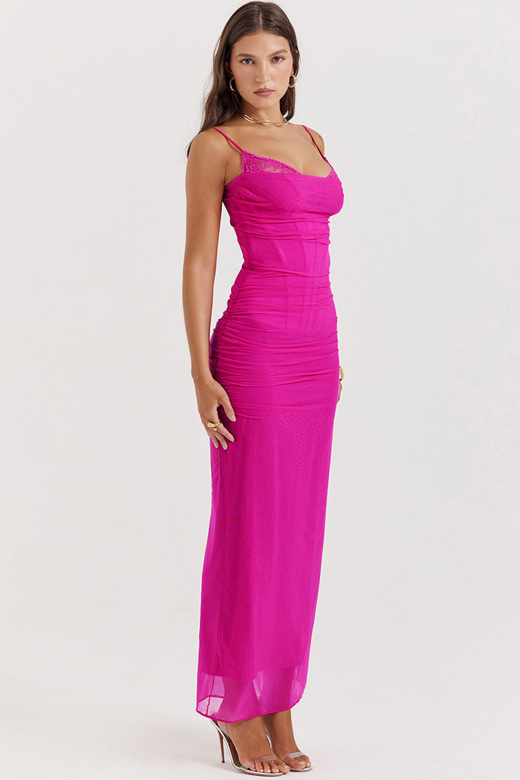 Glamorous Lace V Neck Mesh Ruched Corset Cami Evening Maxi Dress - Hot Pink