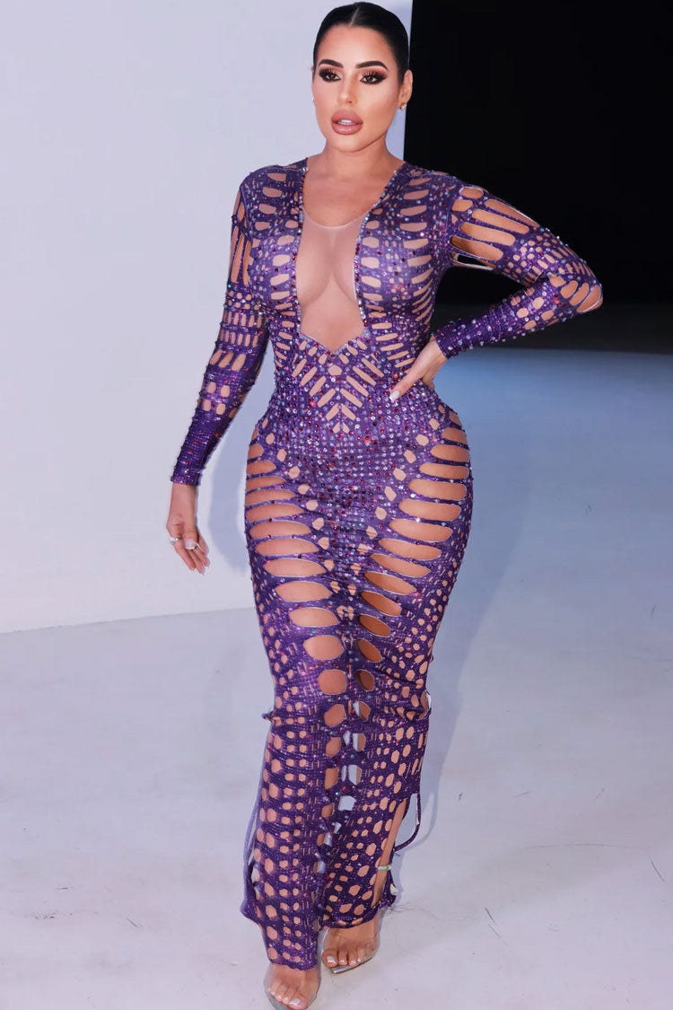 Stylish Mesh Deep V Long Sleeve Rhinestone Cutout Formal Maxi Dress - Purple