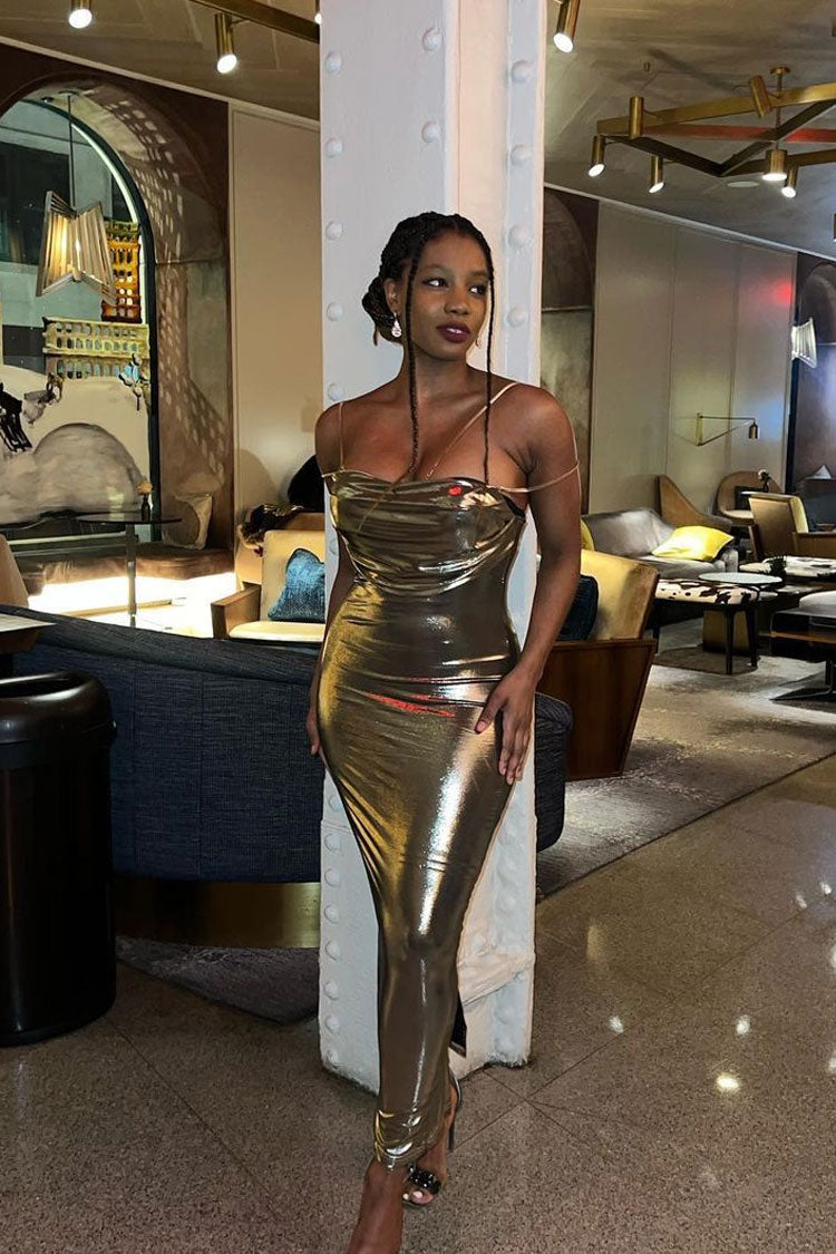 Stylish Metallic Cowl Sweetheart Neck Chain Strap Fitted Evening Maxi Dress - Gold