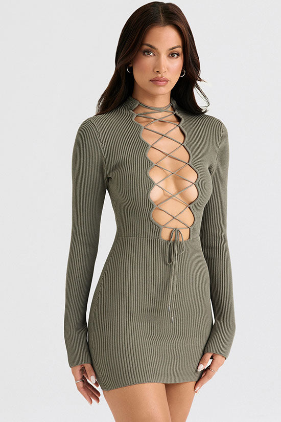Chic Mock Neck Lace Up Cutout Front Long Sleeve Bodycon Rib K it Sweater Mini Dress - Green