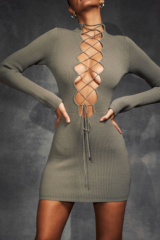 Chic Mock Neck Lace Up Cutout Front Long Sleeve Bodycon Rib K it Sweater Mini Dress - Green