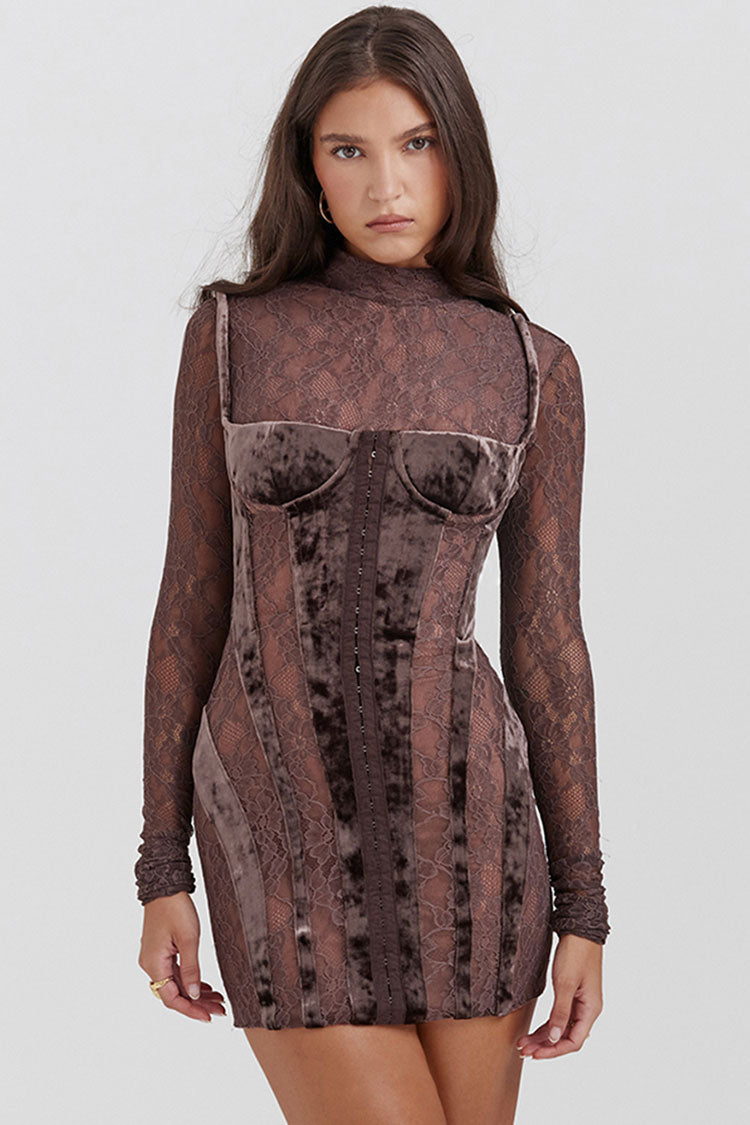 Alluring Mock Neck Long Sleeve Sheer Lace Velvet Corset Party Mini Dress - Brown