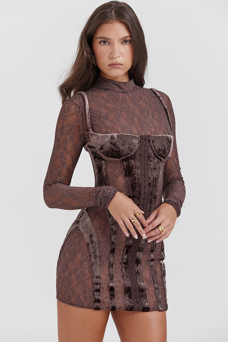 Alluring Mock Neck Long Sleeve Sheer Lace Velvet Corset Party Mini Dress - Brown