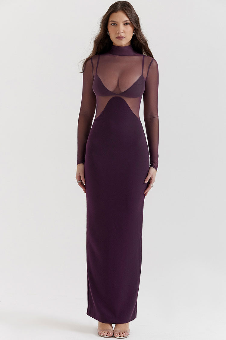 Glamorous Mock Neck Long Sleeve Sheer Mesh Panel Bodycon Maxi Dress - Fuchsia