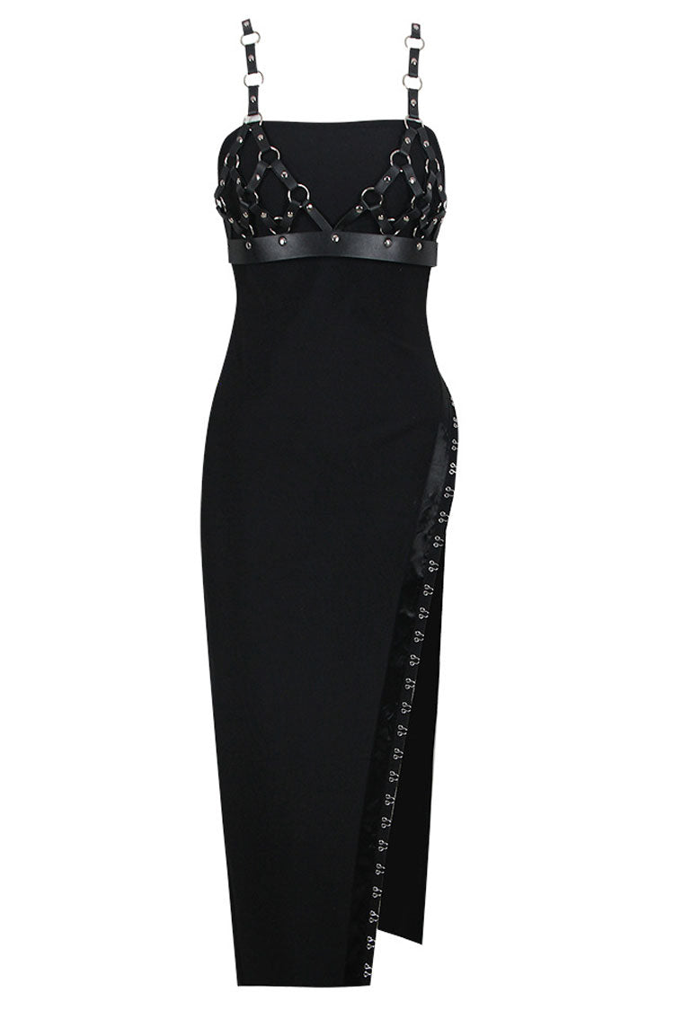 Chic O Ring Bra Belted Strapless Thigh Split Cocktail Party Midi Dress - Black