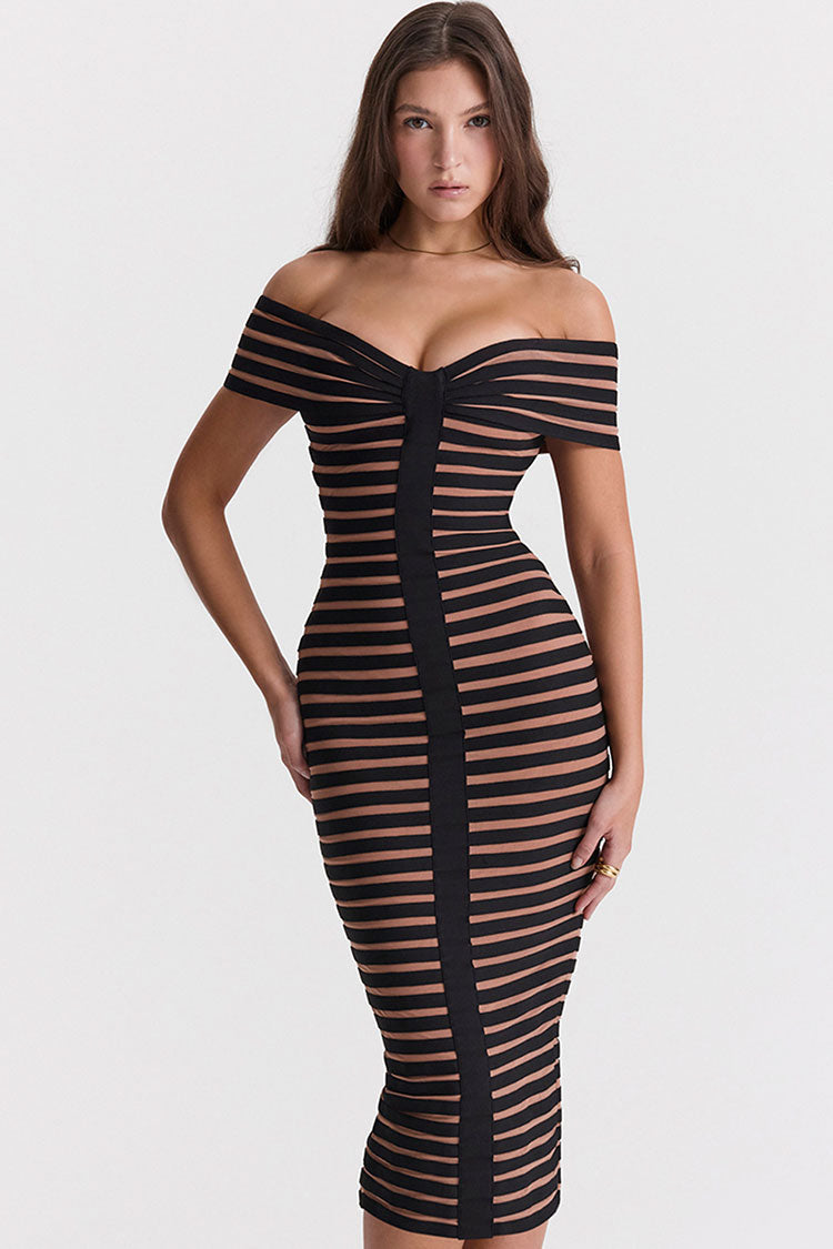 Chic Off Shoulder Contrast Striped Bandage Cocktail Party Midi Dress - Black