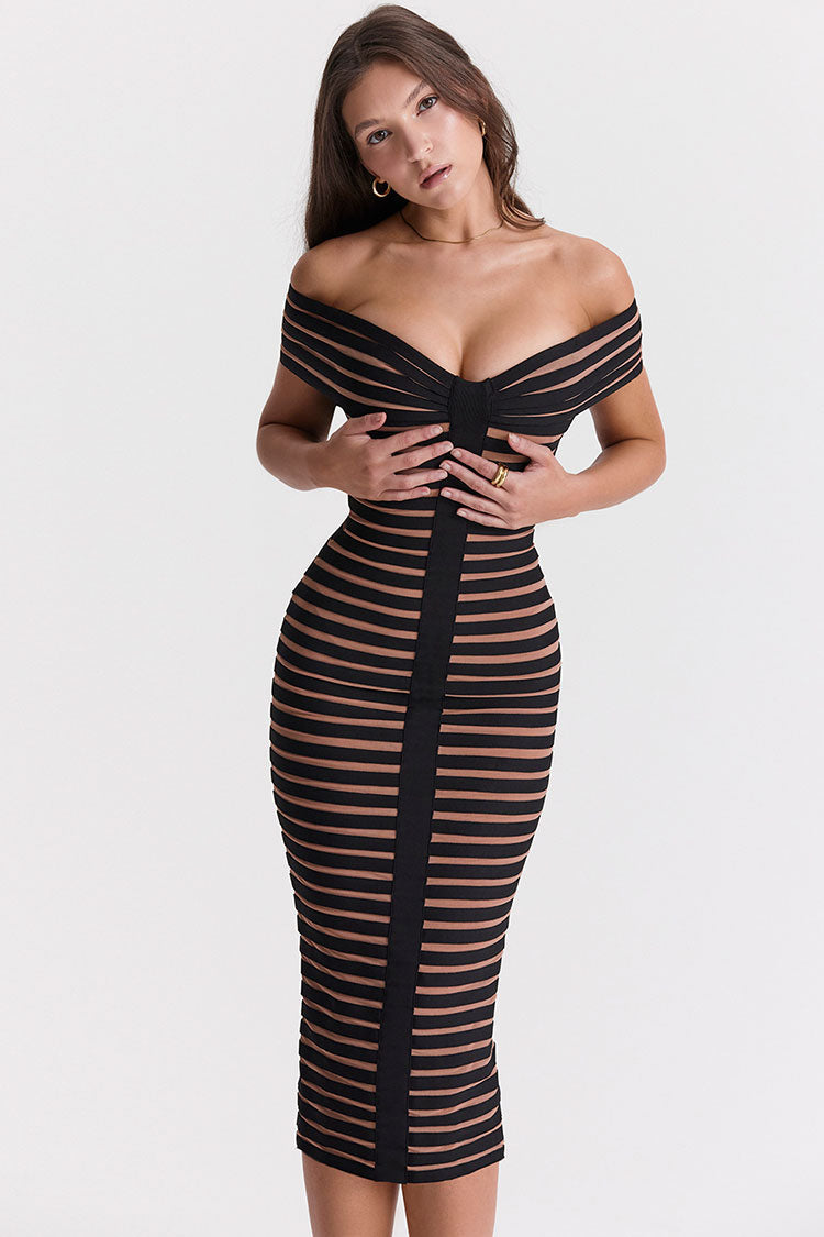 Chic Off Shoulder Contrast Striped Bandage Cocktail Party Midi Dress - Black