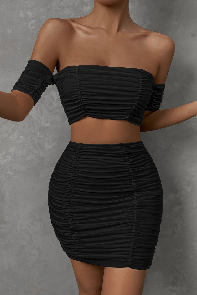 Alluring Off Shoulder Crop Top High Waist Ruched Two Piece Club Mini Dress - Black