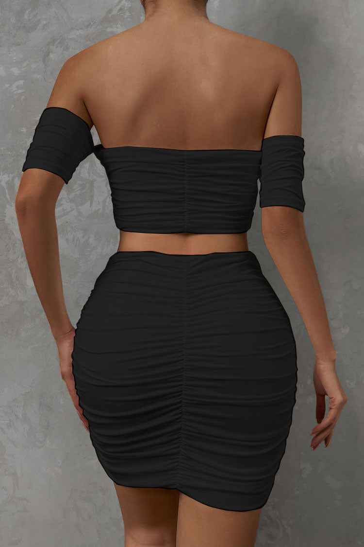 Alluring Off Shoulder Crop Top High Waist Ruched Two Piece Club Mini Dress - Black