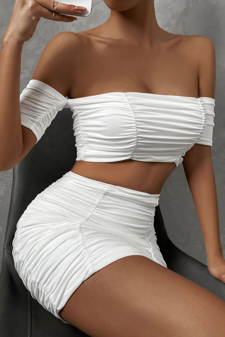 Chic Off Shoulder Crop Top High Waist Ruched Two Piece Club Mini Dress - White
