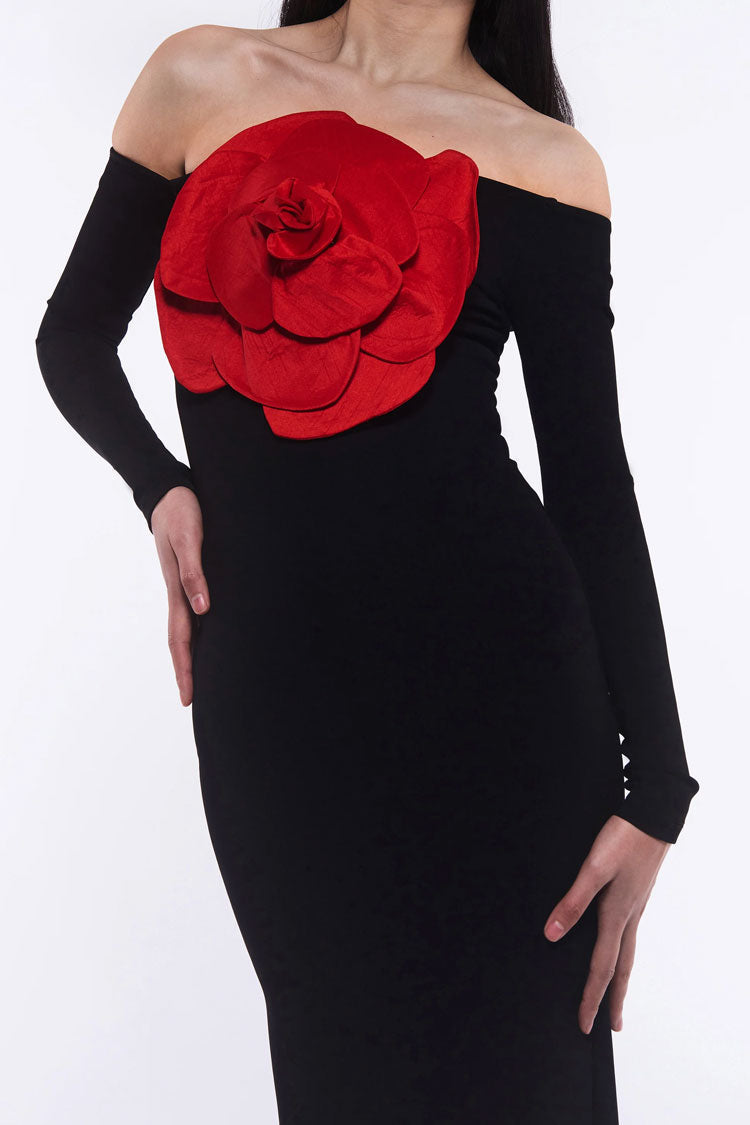 Glamorous Off The Shoulder Red Rosette Applique Long Sleeve Evening Maxi Dress - Black