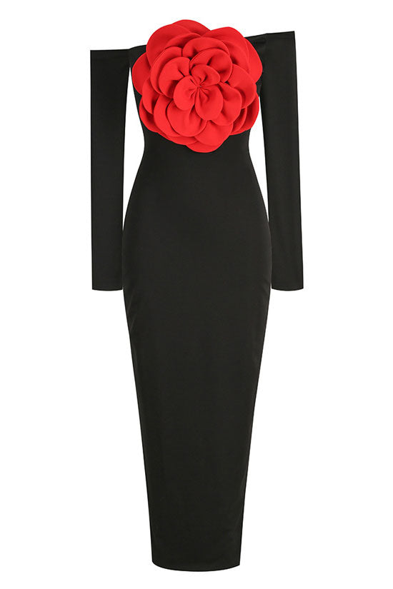 Glamorous Off The Shoulder Red Rosette Applique Long Sleeve Evening Maxi Dress - Black