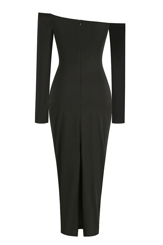 Glamorous Off The Shoulder Red Rosette Applique Long Sleeve Evening Maxi Dress - Black