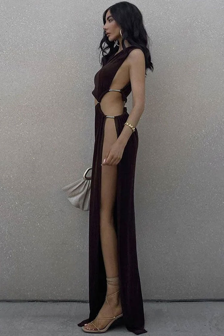 Stylish One Shoulder Cutout High Slit Sheer Maxi Dress - Brown