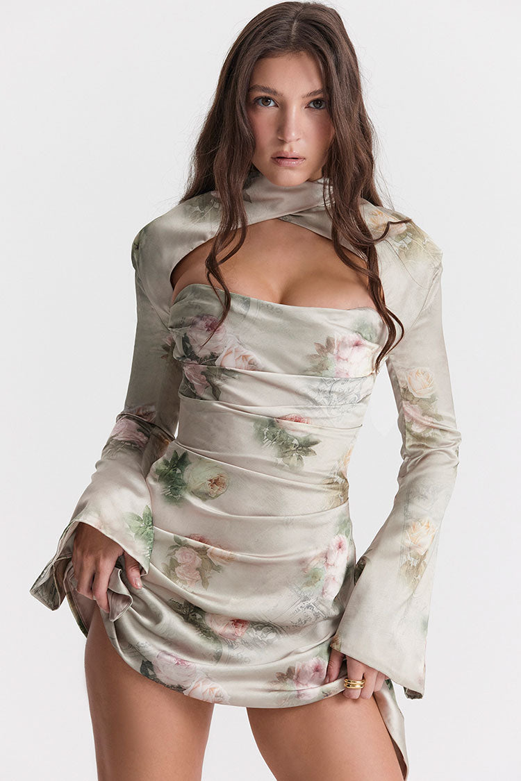 Sexy Printed High Neck Cutout Draped Long Sleeve Satin Mini Dress - Flower