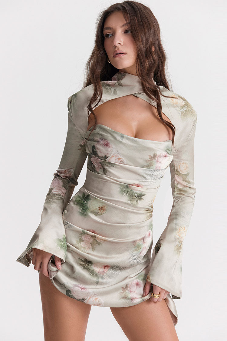Sexy Printed High Neck Cutout Draped Long Sleeve Satin Mini Dress - Flower