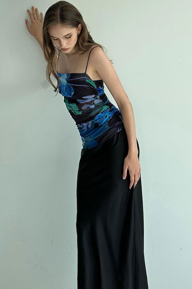 Chic Printed Ruched Mesh Satin Split Back Cocktail Party Midi Dress - Black