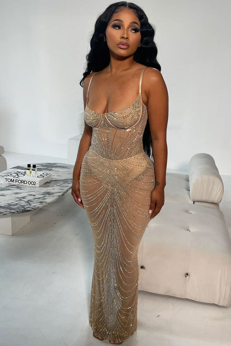 Glamorous Rhinestone Bustier Sheer Mesh Sleeveless Split Evening Maxi Dress - Apricot