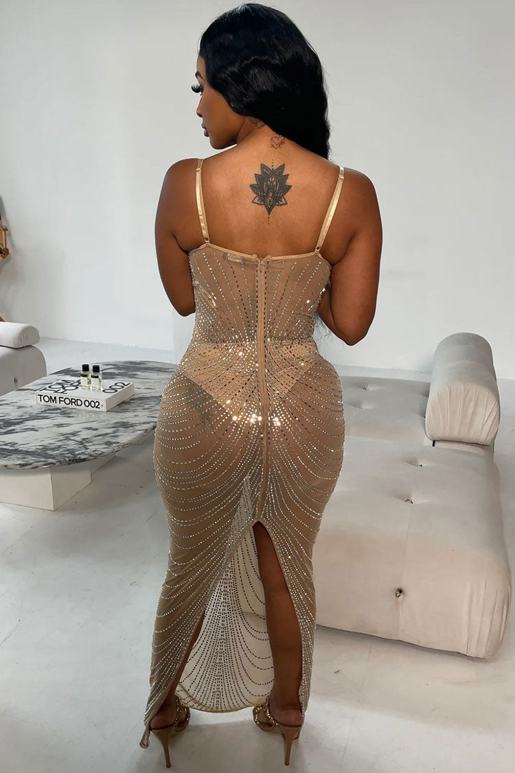 Glamorous Rhinestone Bustier Sheer Mesh Sleeveless Split Evening Maxi Dress - Apricot