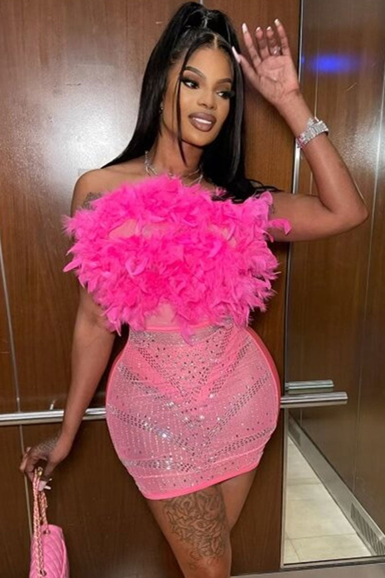 Chic Rhinestone Sheer Mesh Panel Feather Strapless Party Mini Dress - Hot Pink
