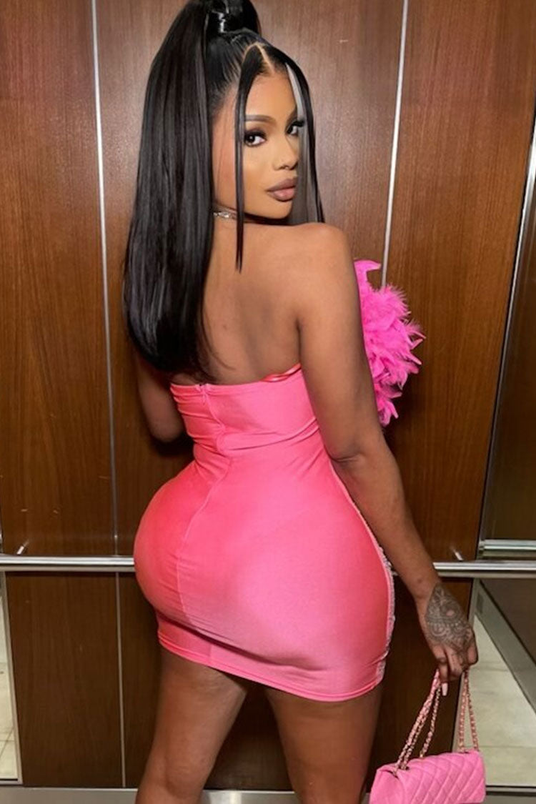 Chic Rhinestone Sheer Mesh Panel Feather Strapless Party Mini Dress - Hot Pink