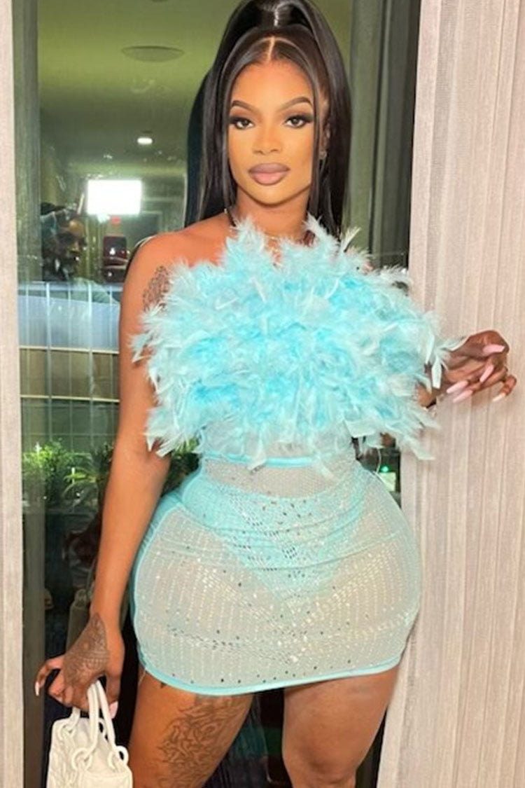 Attractive Rhinestone Sheer Mesh Panel Feather Strapless Party Mini Dress - Lake Blue