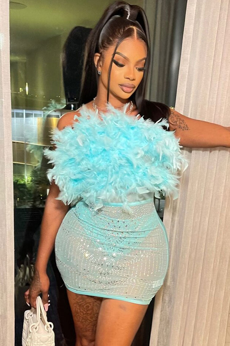 Attractive Rhinestone Sheer Mesh Panel Feather Strapless Party Mini Dress - Lake Blue