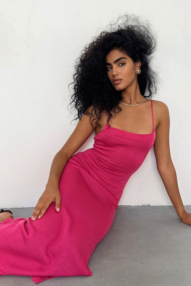 Chic Rib Knit Scoop Neck Cami Strap Lace Up Backless Knit Slip Midi Dress - Hot Pink
