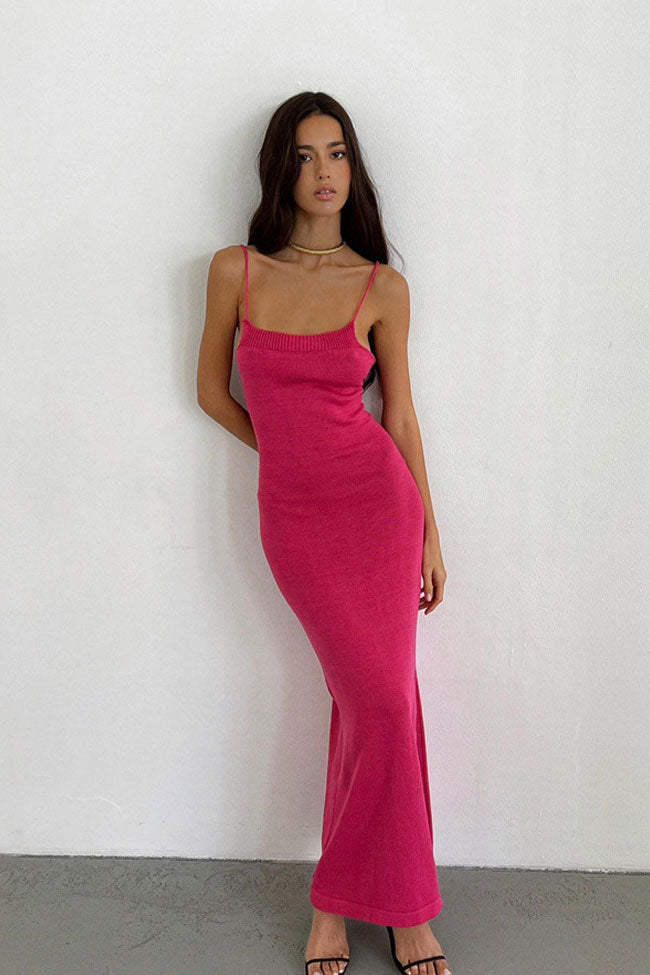 Chic Rib Knit Scoop Neck Cami Strap Lace Up Backless Knit Slip Midi Dress - Hot Pink